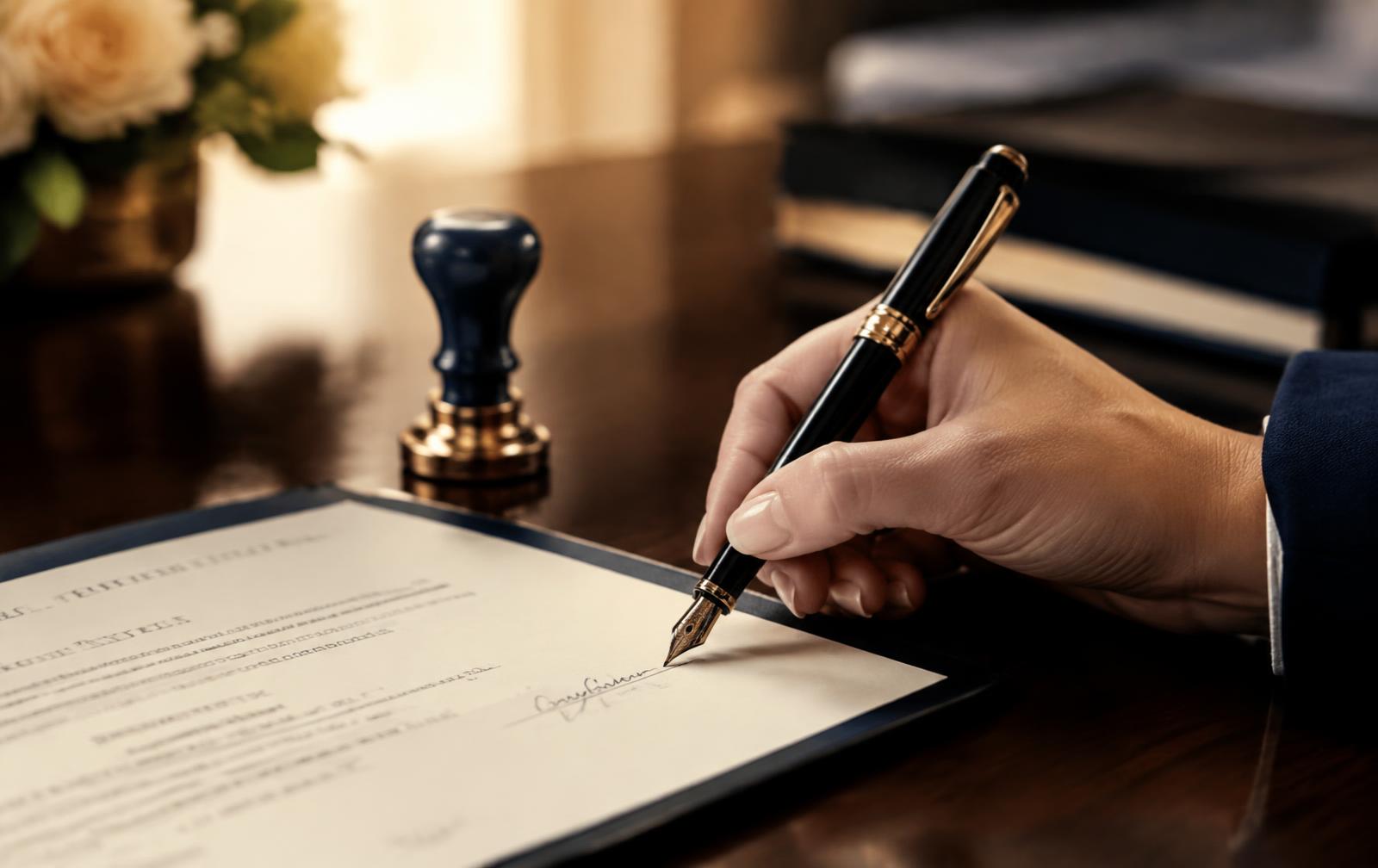 A hand signing a document with a fountain pen beside a notary stamp